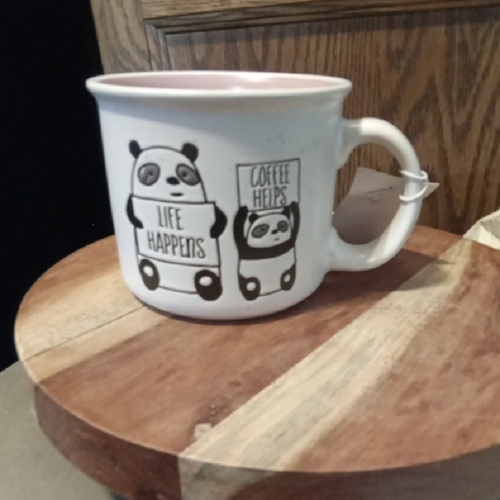 🐼Cute Pair Panda 'Life Happens' Ceramic Coffee Mug - White with Pink Interior🐼 - Picture 4 of 10